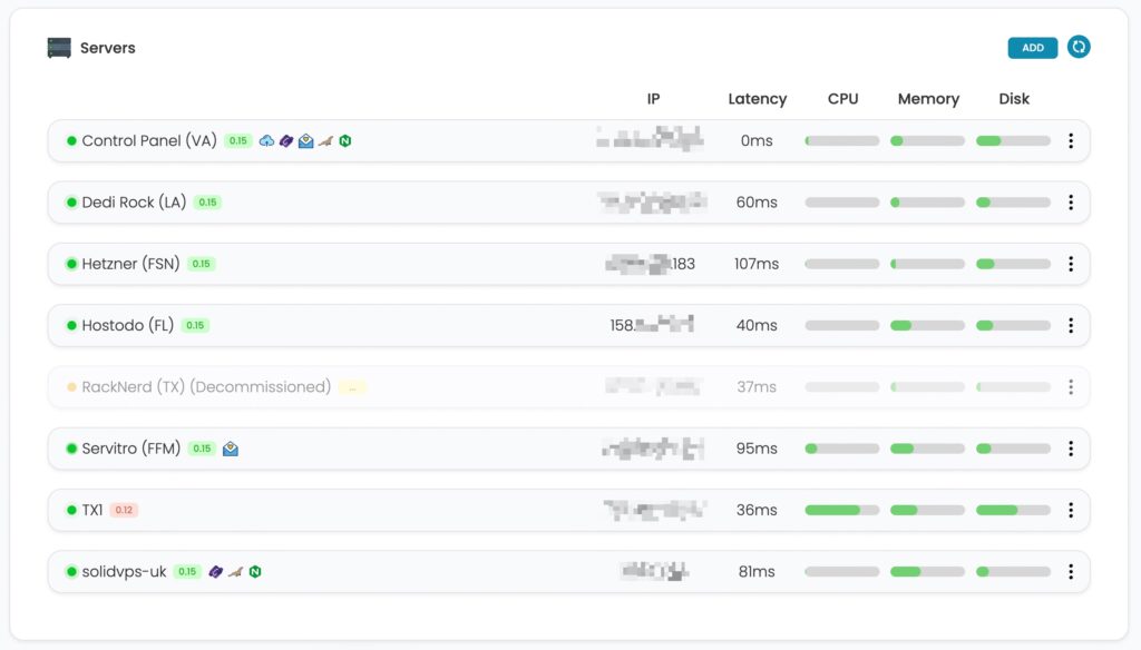 A list of Servers on the Unicorn Control Panel